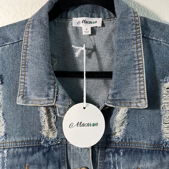 Macaron Distressed Denim Jacket With Sequin Sleeves (Size S) - Picture 9 of 12